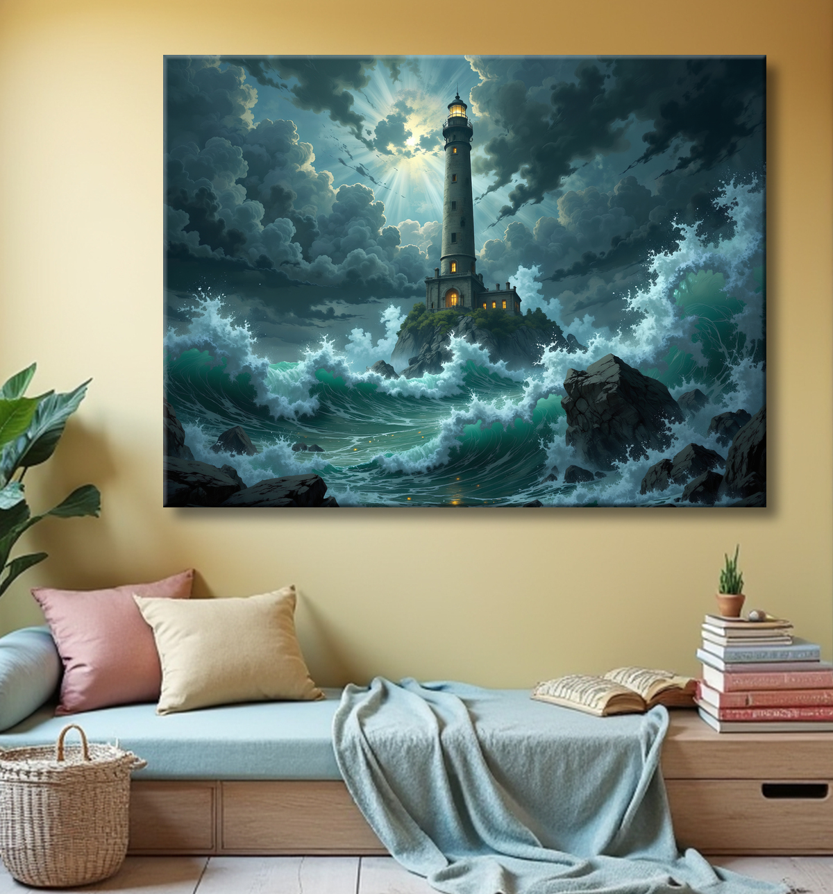 Tableau phare en tempête : illustration fantastique et impressionnante avec decor