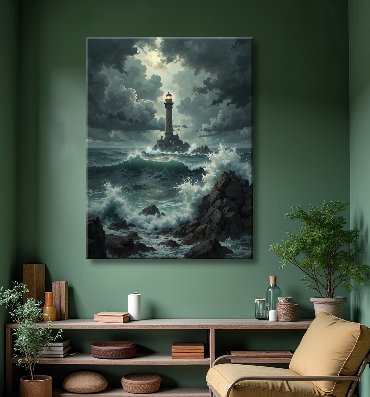 Tableau phare en tempête : illustration fantastique et impressionnante avec decor