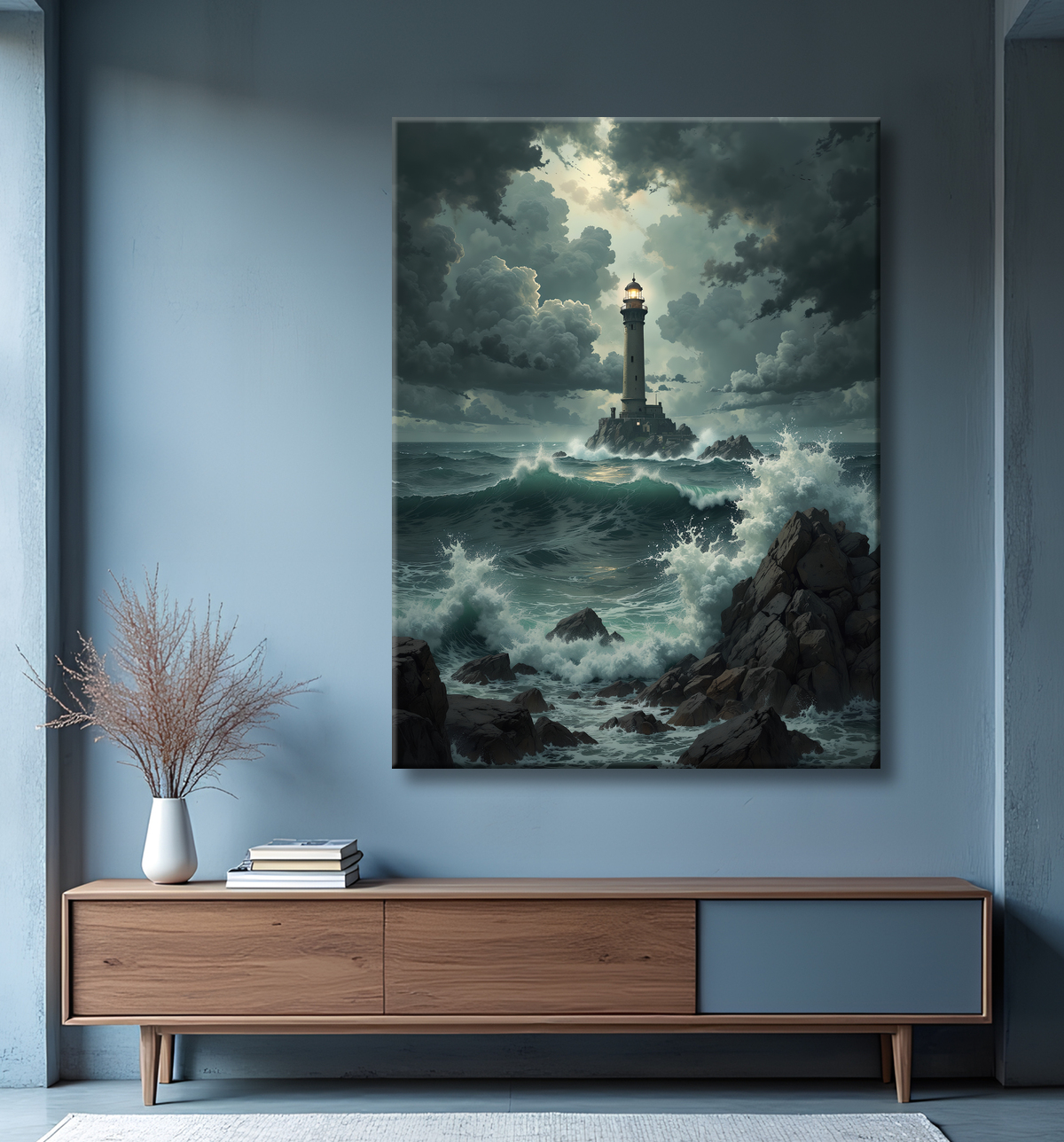 Tableau phare en tempête : illustration fantastique et impressionnante avec decor