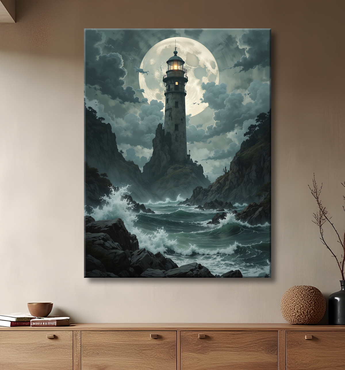 Tableau phare en tempête : illustration fantastique et impressionnante avec decor