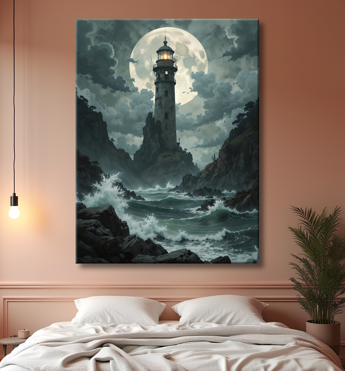 Tableau phare en tempête : illustration fantastique et impressionnante avec decor