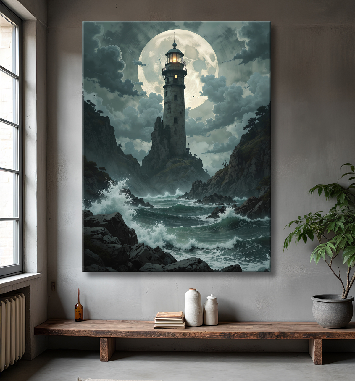 Tableau phare en tempête : illustration fantastique et impressionnante avec decor