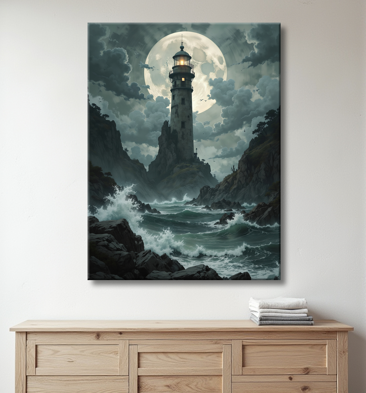 Tableau phare en tempête : illustration fantastique et impressionnante avec decor