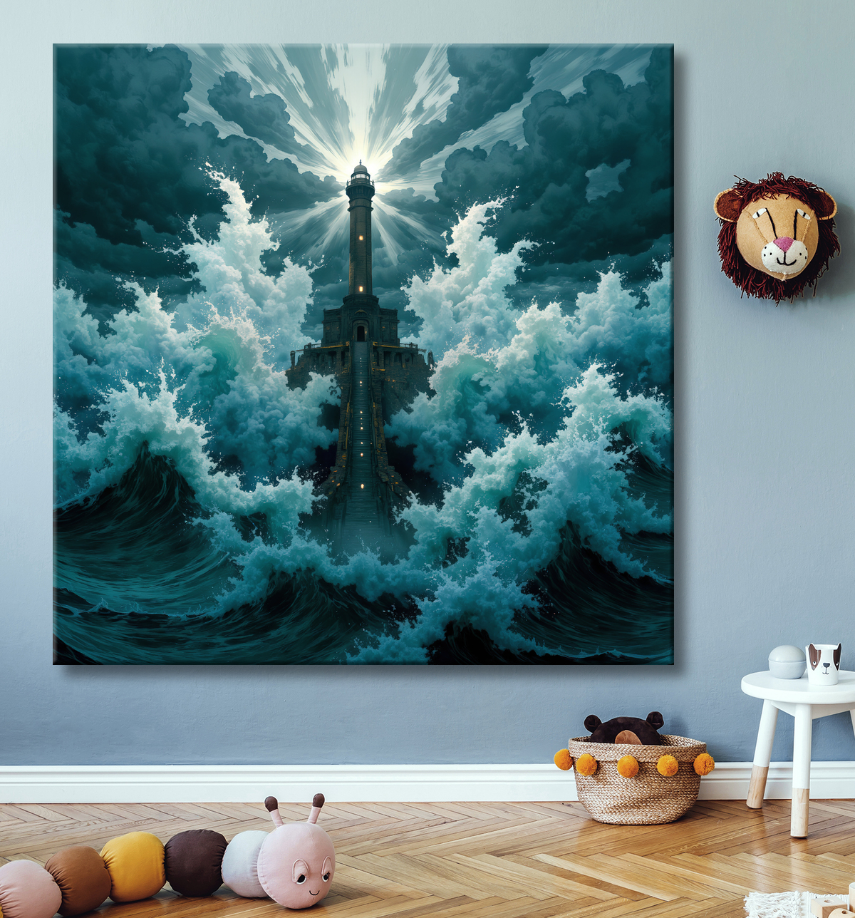 Tableau phare en tempête : illustration fantastique et impressionnante avec decor