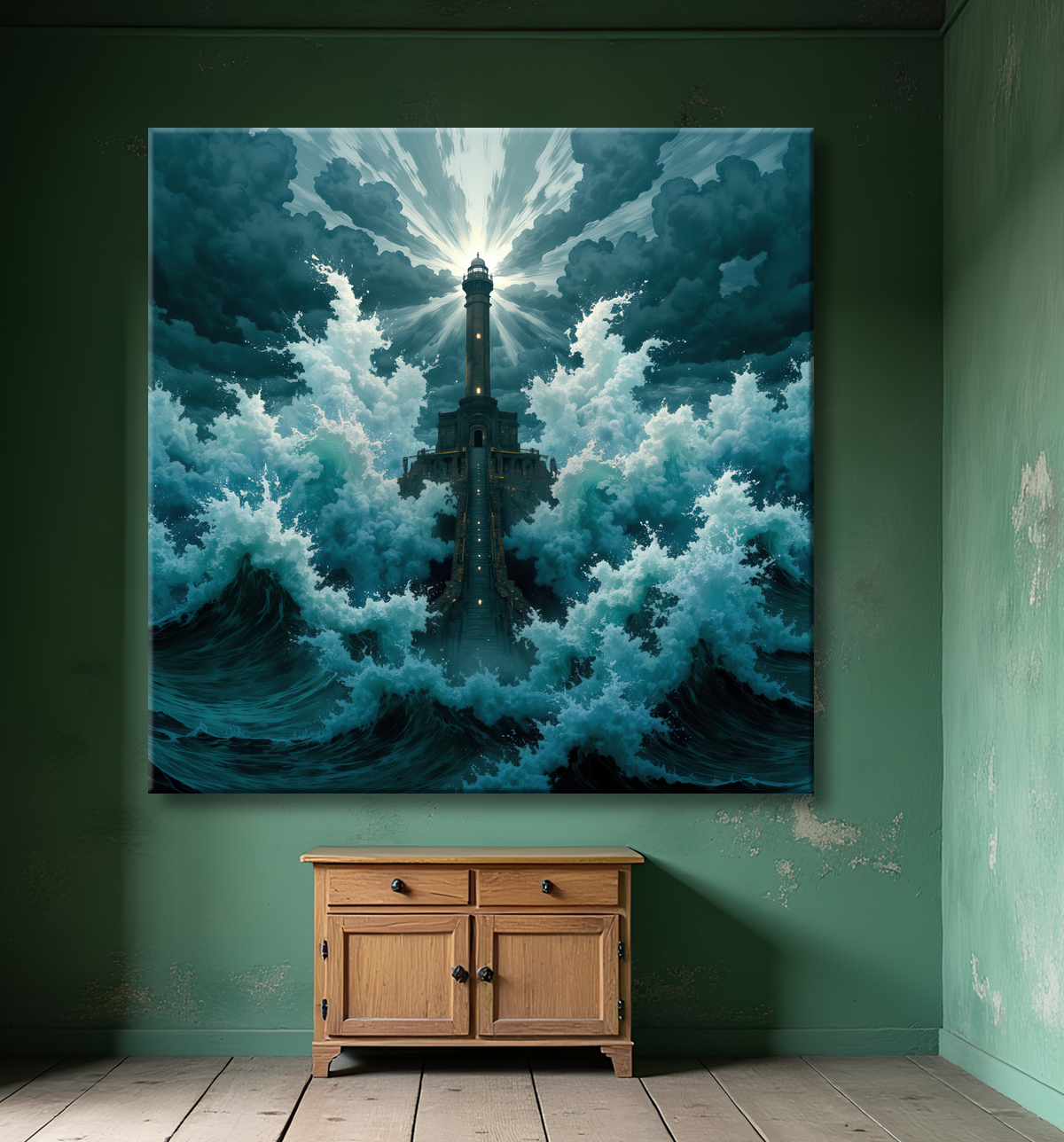 Tableau phare en tempête : illustration fantastique et impressionnante avec decor