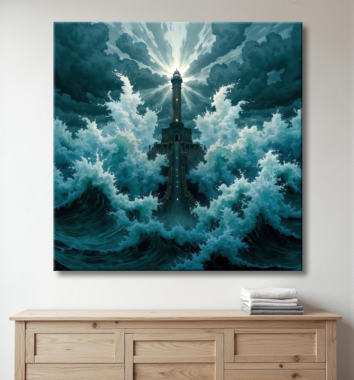 Tableau phare en tempête : illustration fantastique et impressionnante avec decor