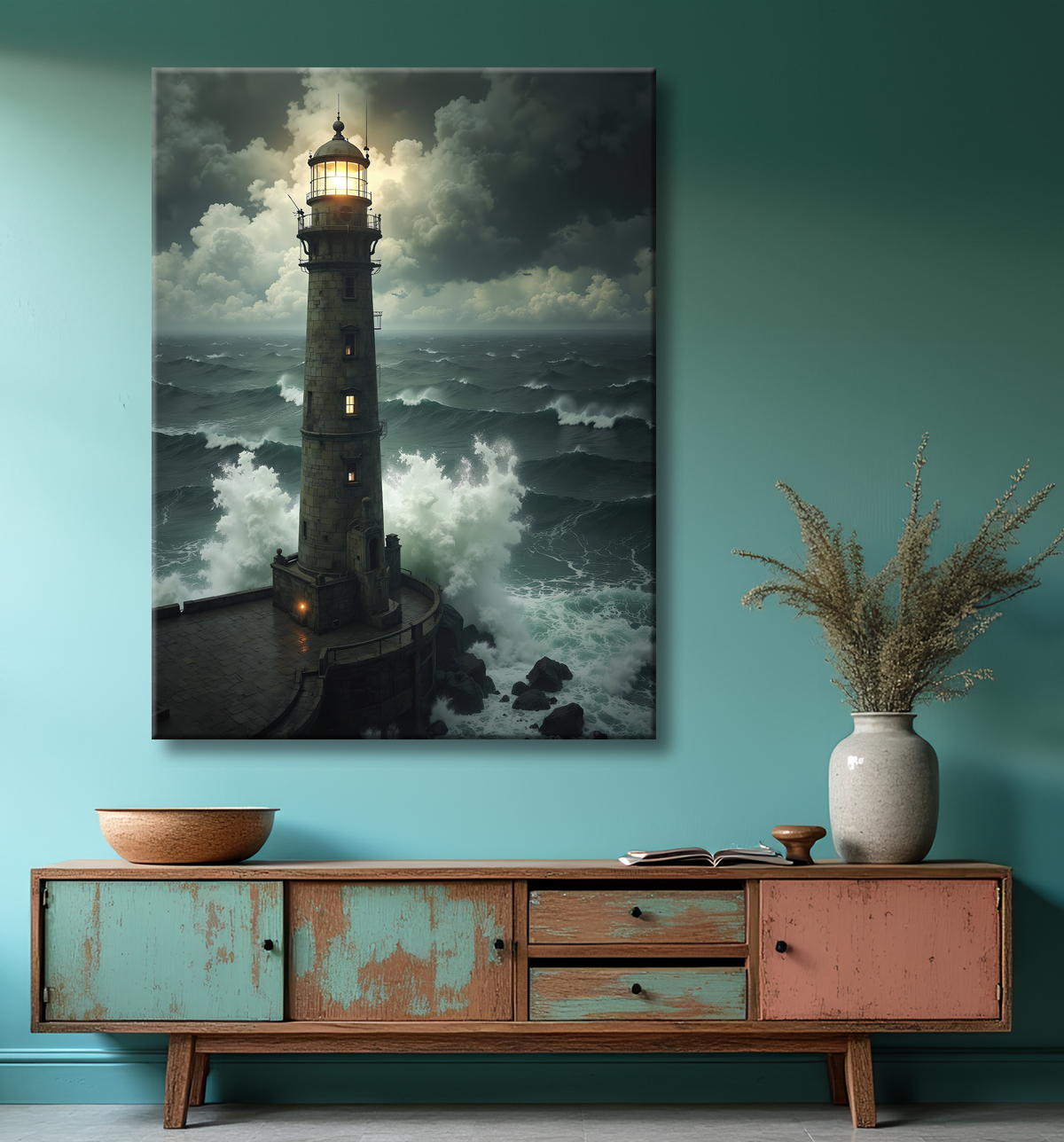 Tableau phare en tempête : illustration fantastique et impressionnante avec decor