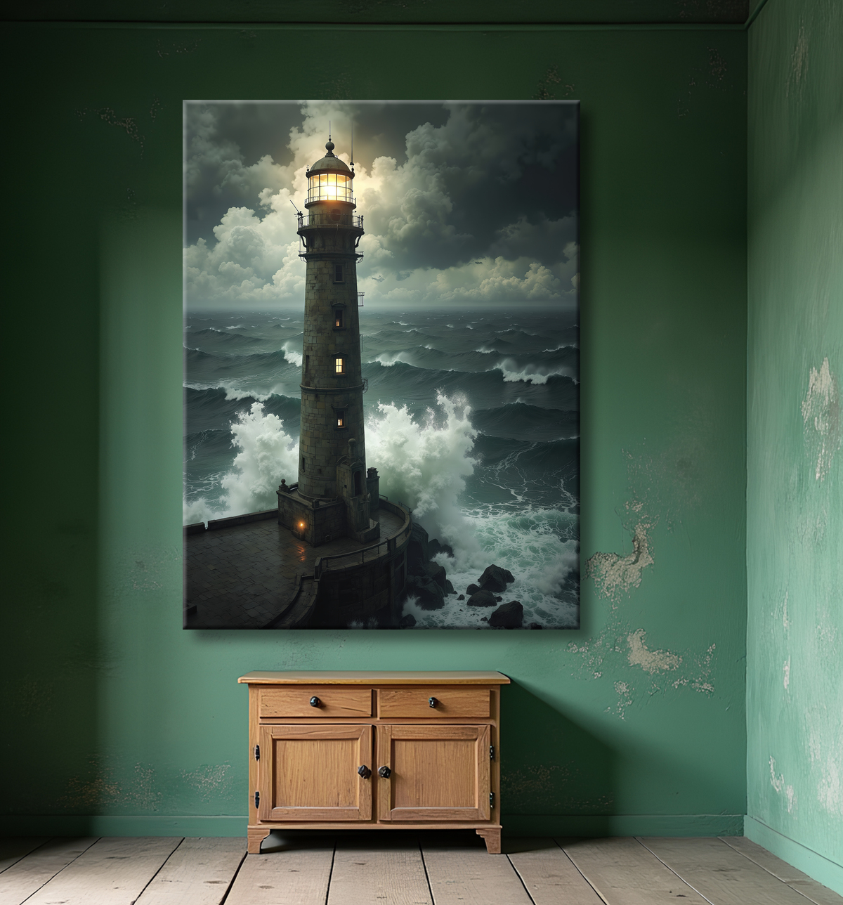 Tableau phare en tempête : illustration fantastique et impressionnante avec decor