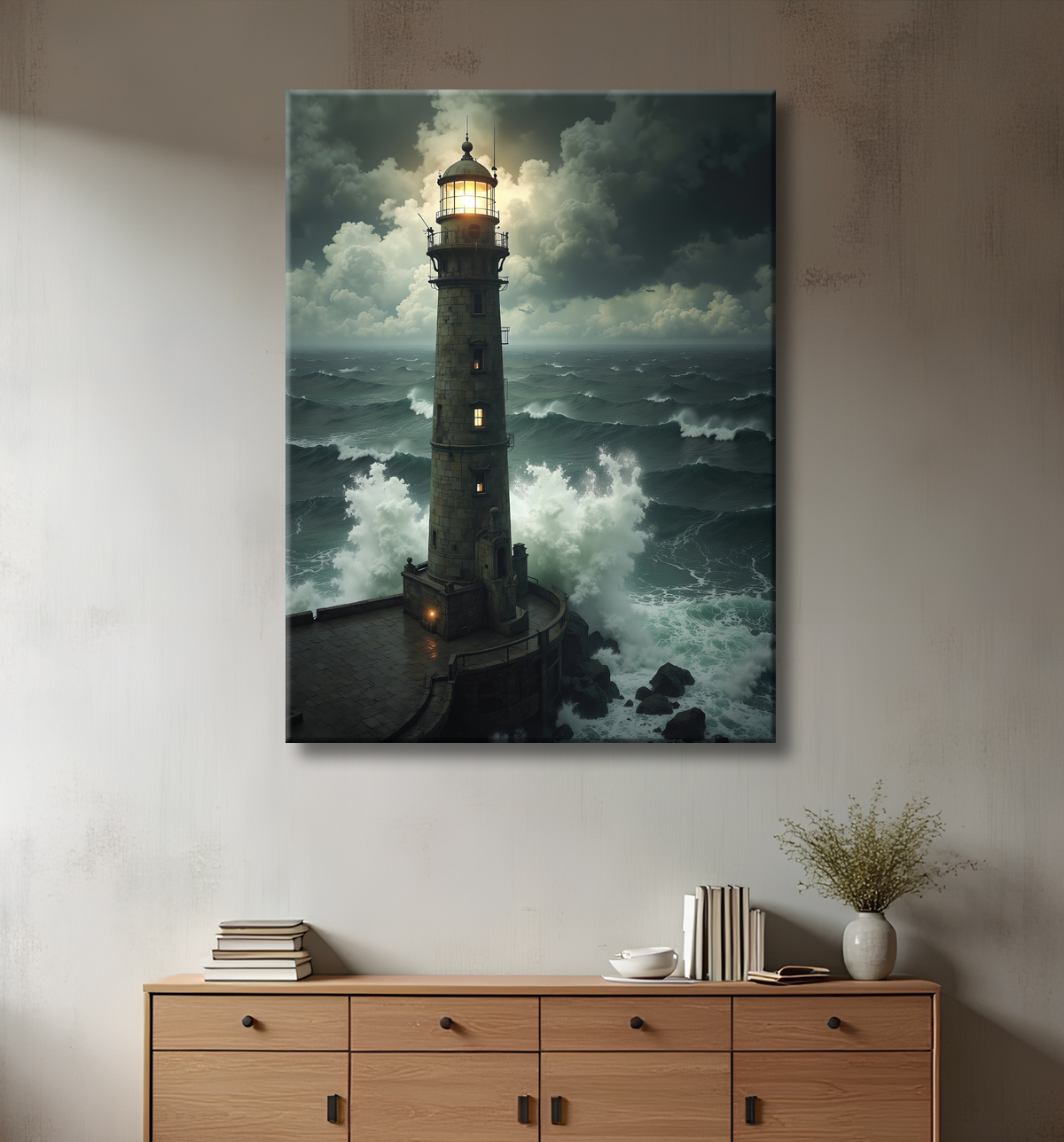 Tableau phare en tempête : illustration fantastique et impressionnante avec decor