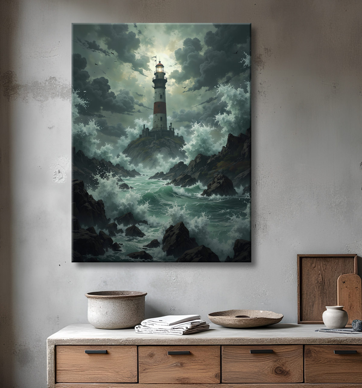 Tableau phare en tempête : illustration fantastique et impressionnante avec decor