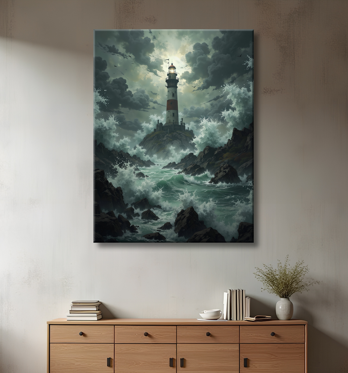 Tableau phare en tempête : illustration fantastique et impressionnante avec decor