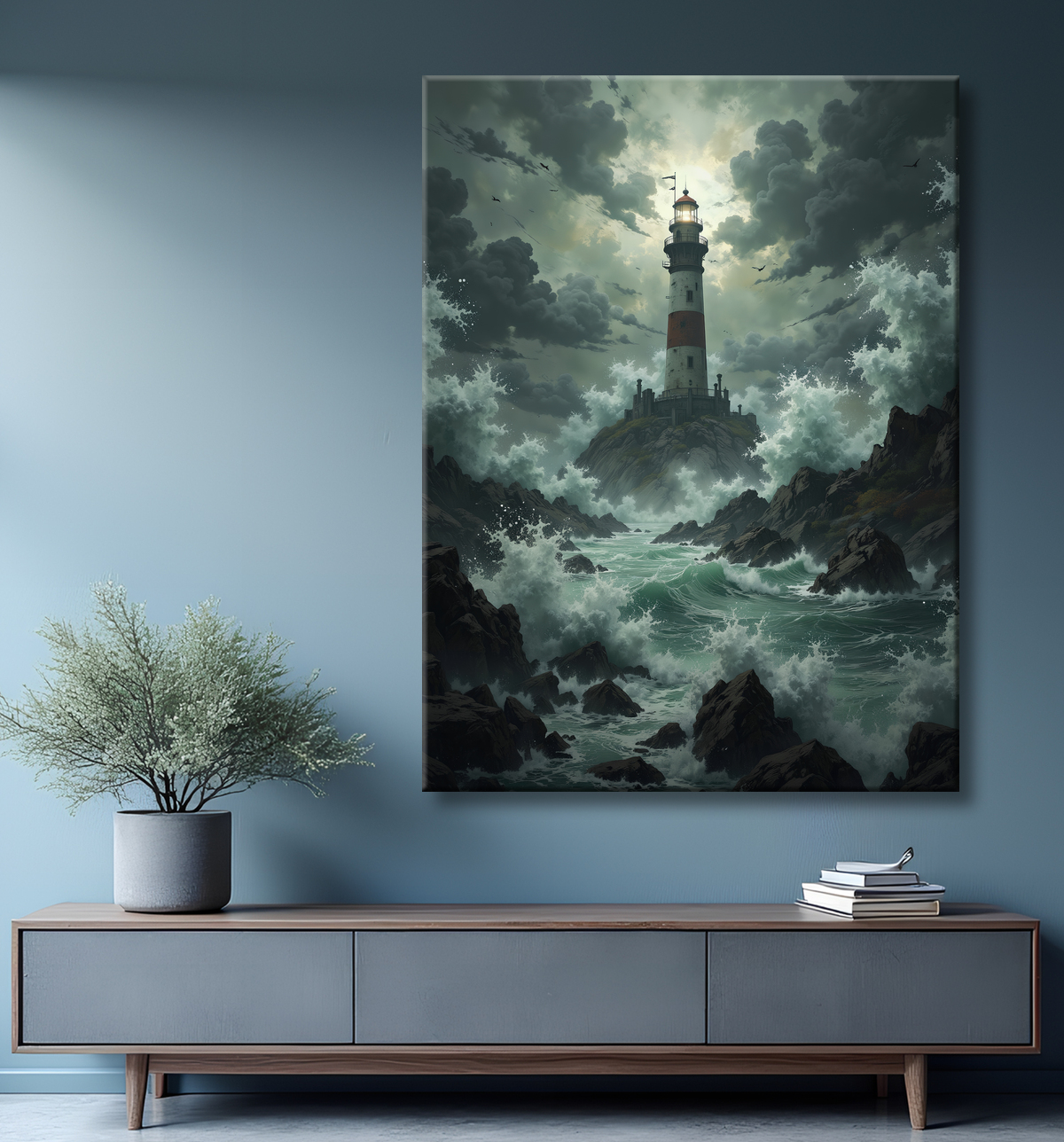 Tableau phare en tempête : illustration fantastique et impressionnante avec decor