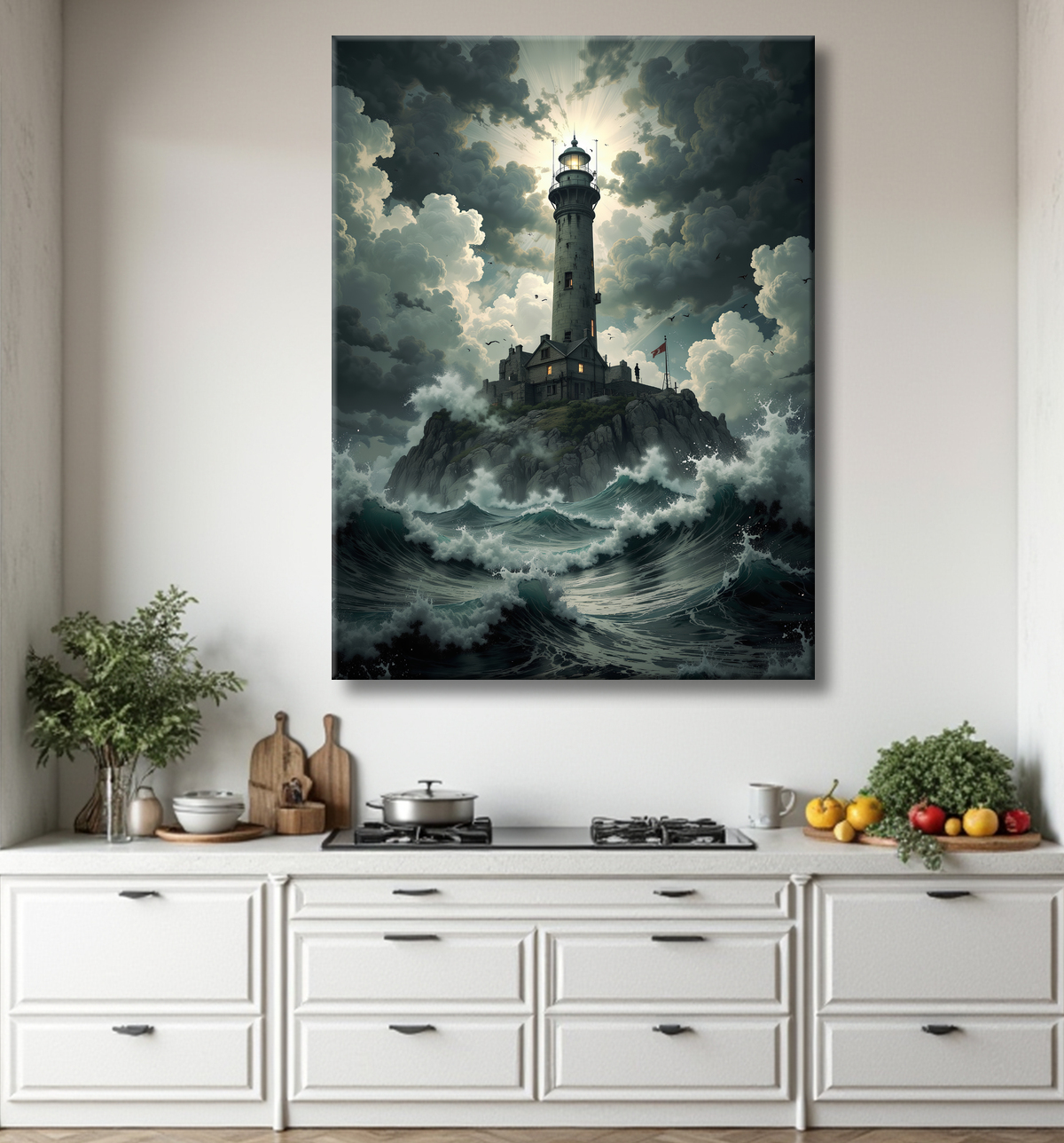 Tableau phare en tempête : illustration fantastique et impressionnante avec decor