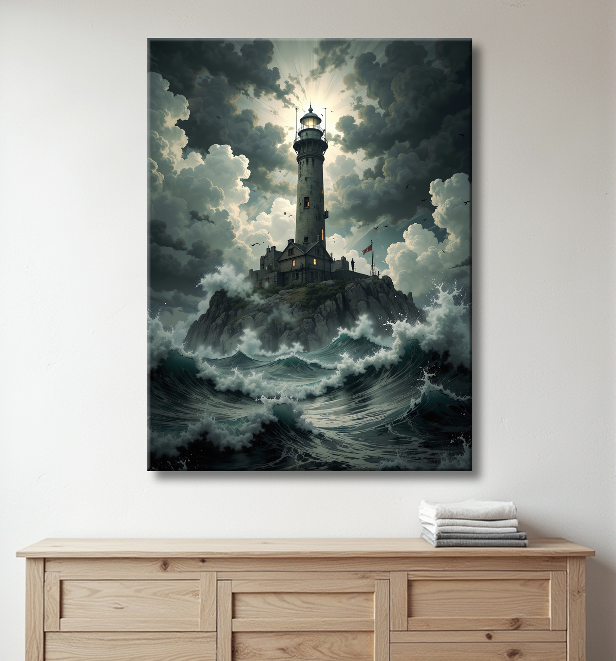 Tableau phare en tempête : illustration fantastique et impressionnante avec decor