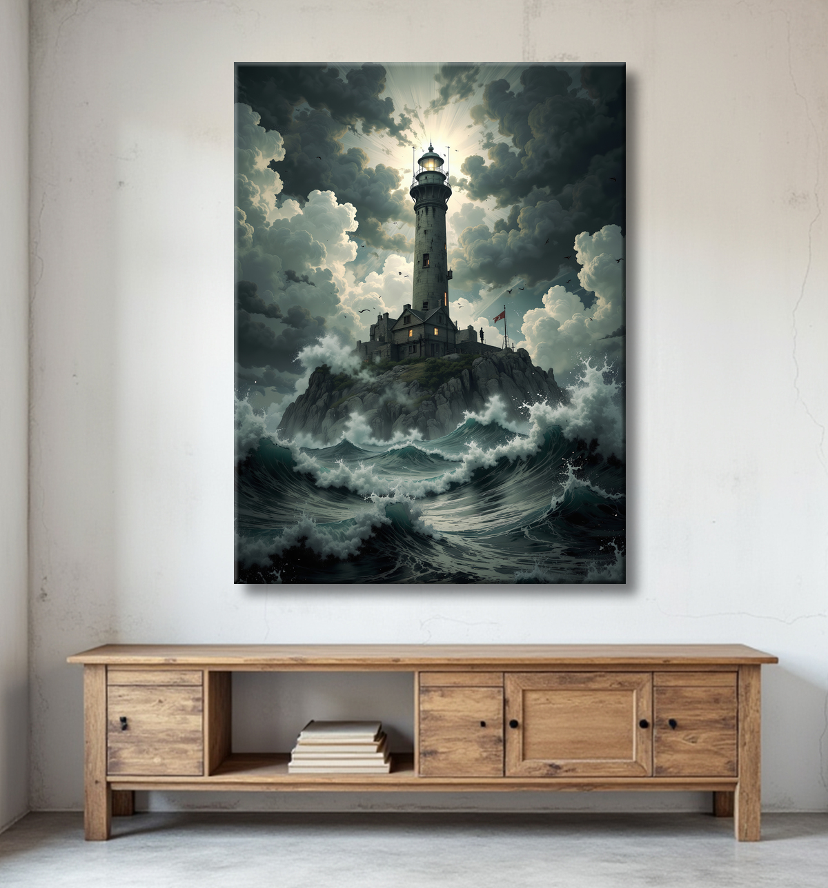 Tableau phare en tempête : illustration fantastique et impressionnante avec decor