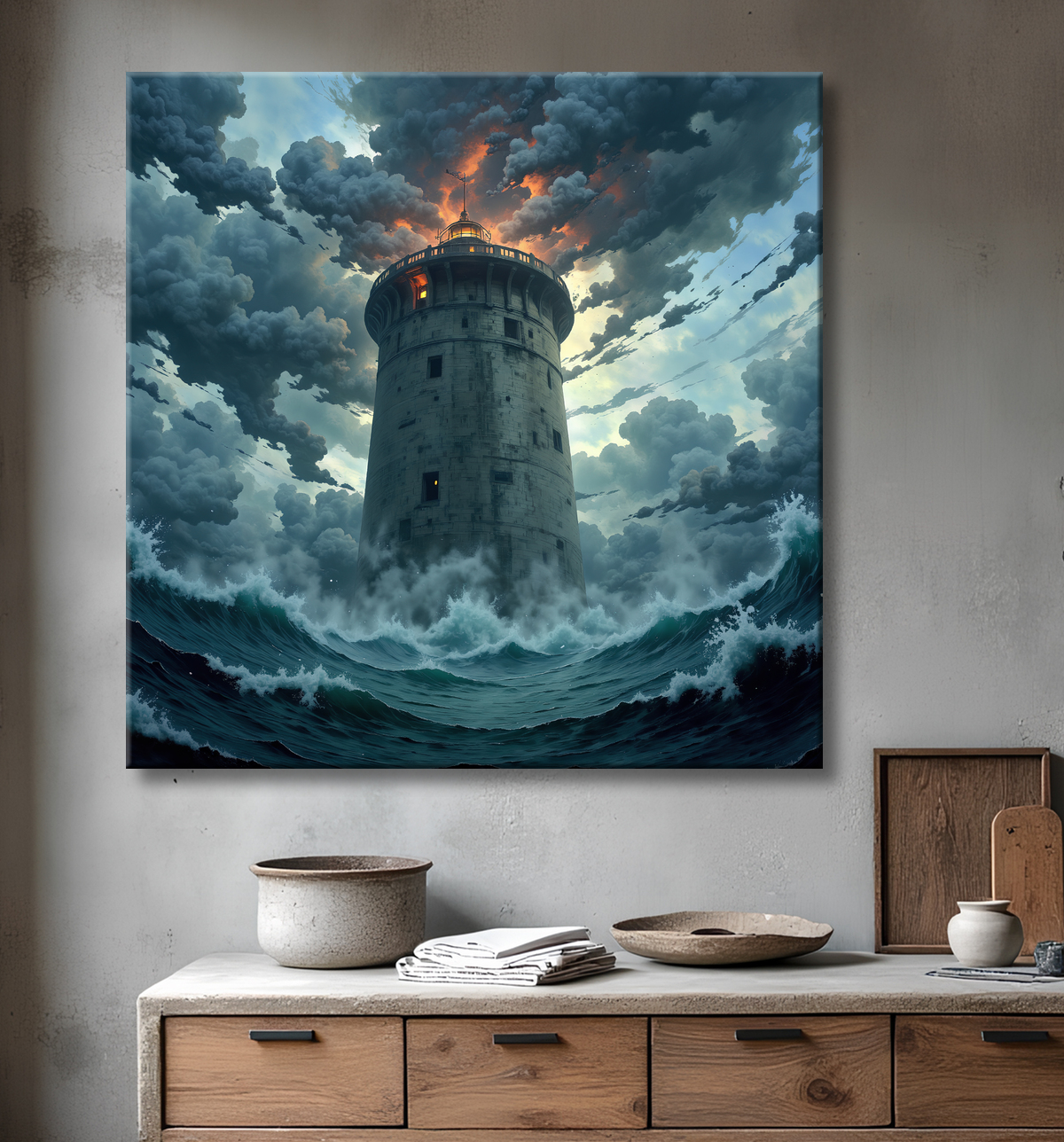 Tableau phare en tempête : illustration fantastique et impressionnante avec decor