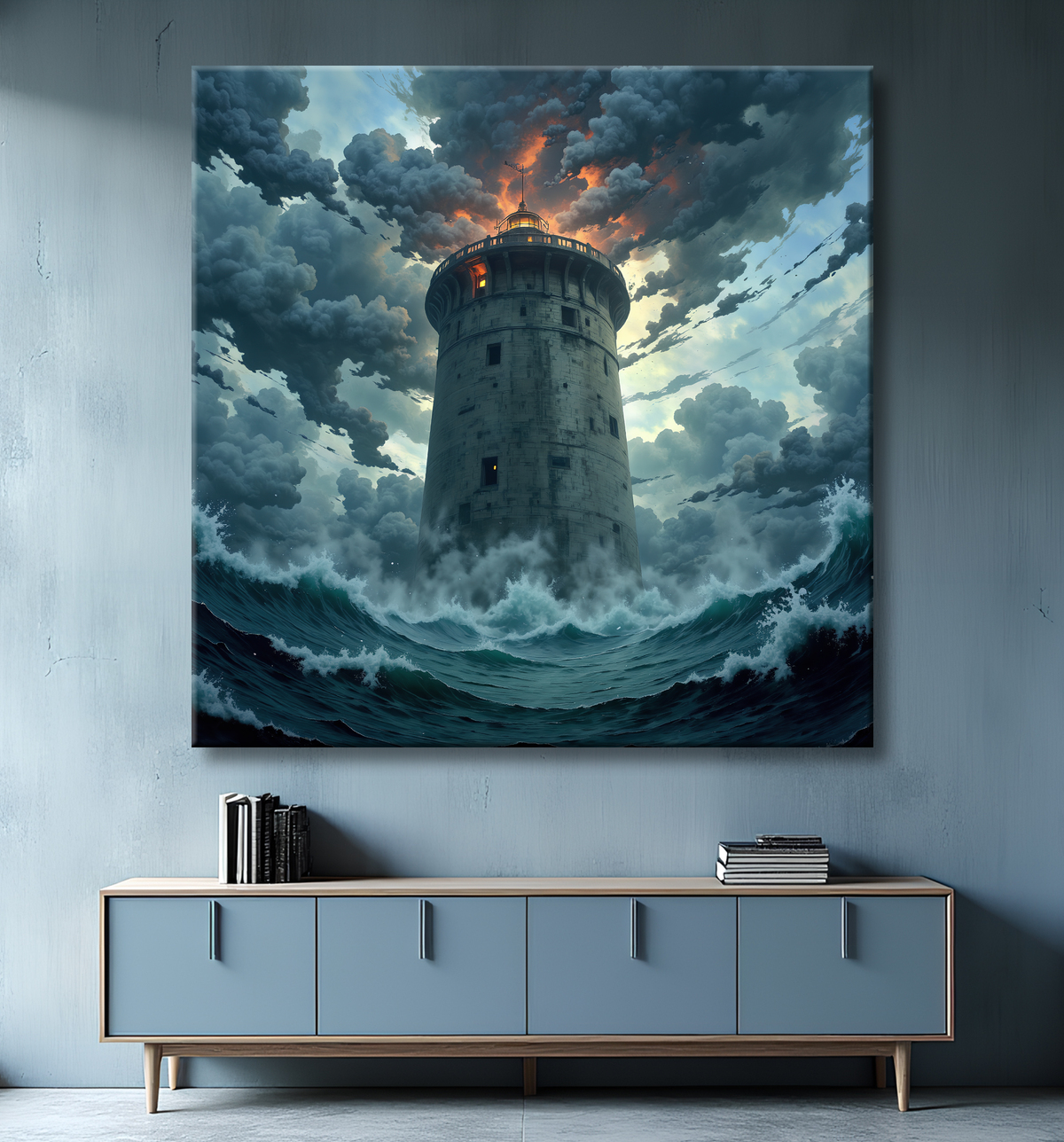 Tableau phare en tempête : illustration fantastique et impressionnante avec decor