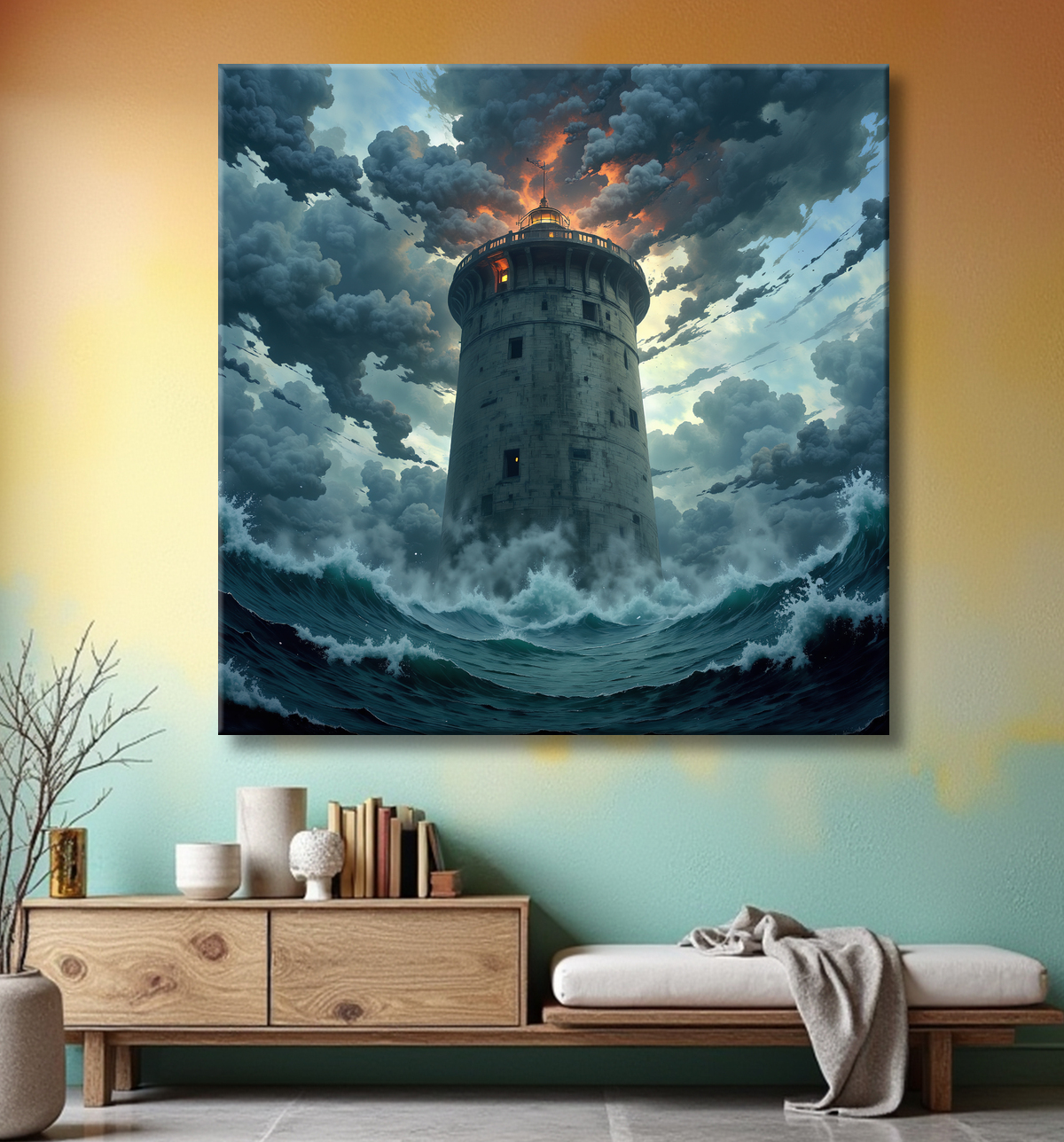 Tableau phare en tempête : illustration fantastique et impressionnante avec decor