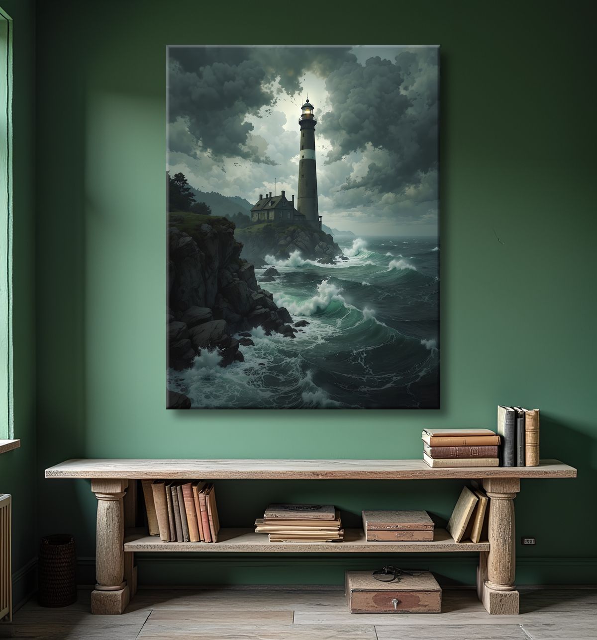 Tableau phare en tempête : illustration fantastique et impressionnante avec decor