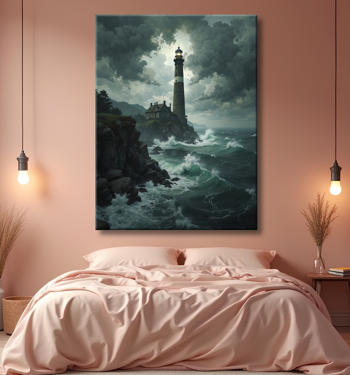 Tableau phare en tempête : illustration fantastique et impressionnante avec decor
