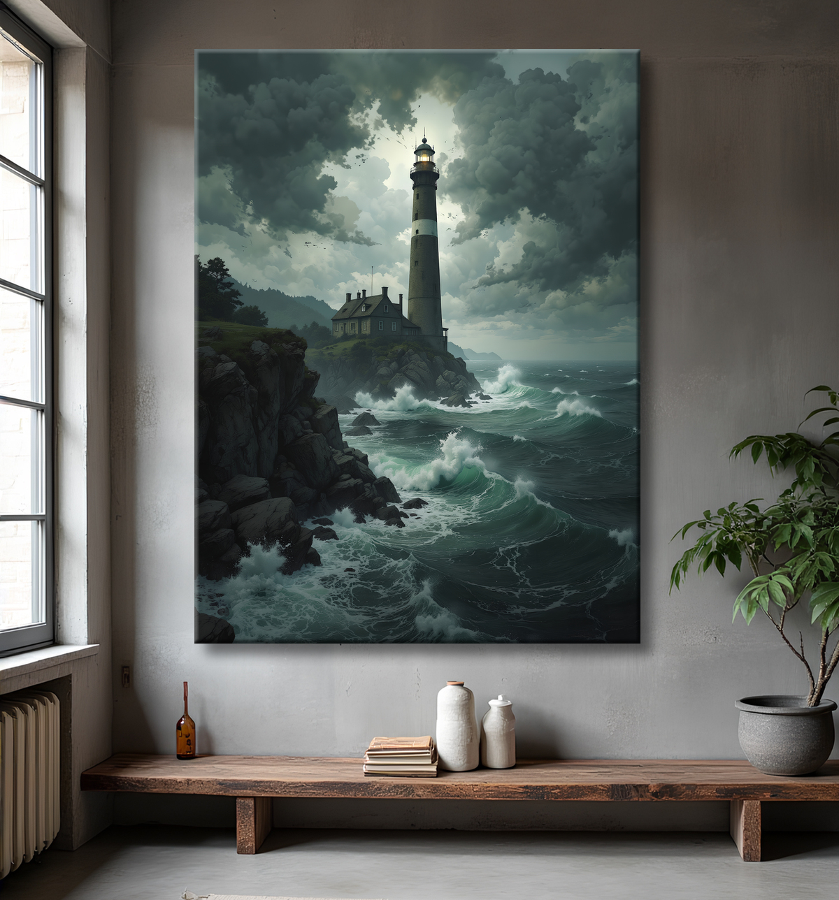 Tableau phare en tempête : illustration fantastique et impressionnante avec decor
