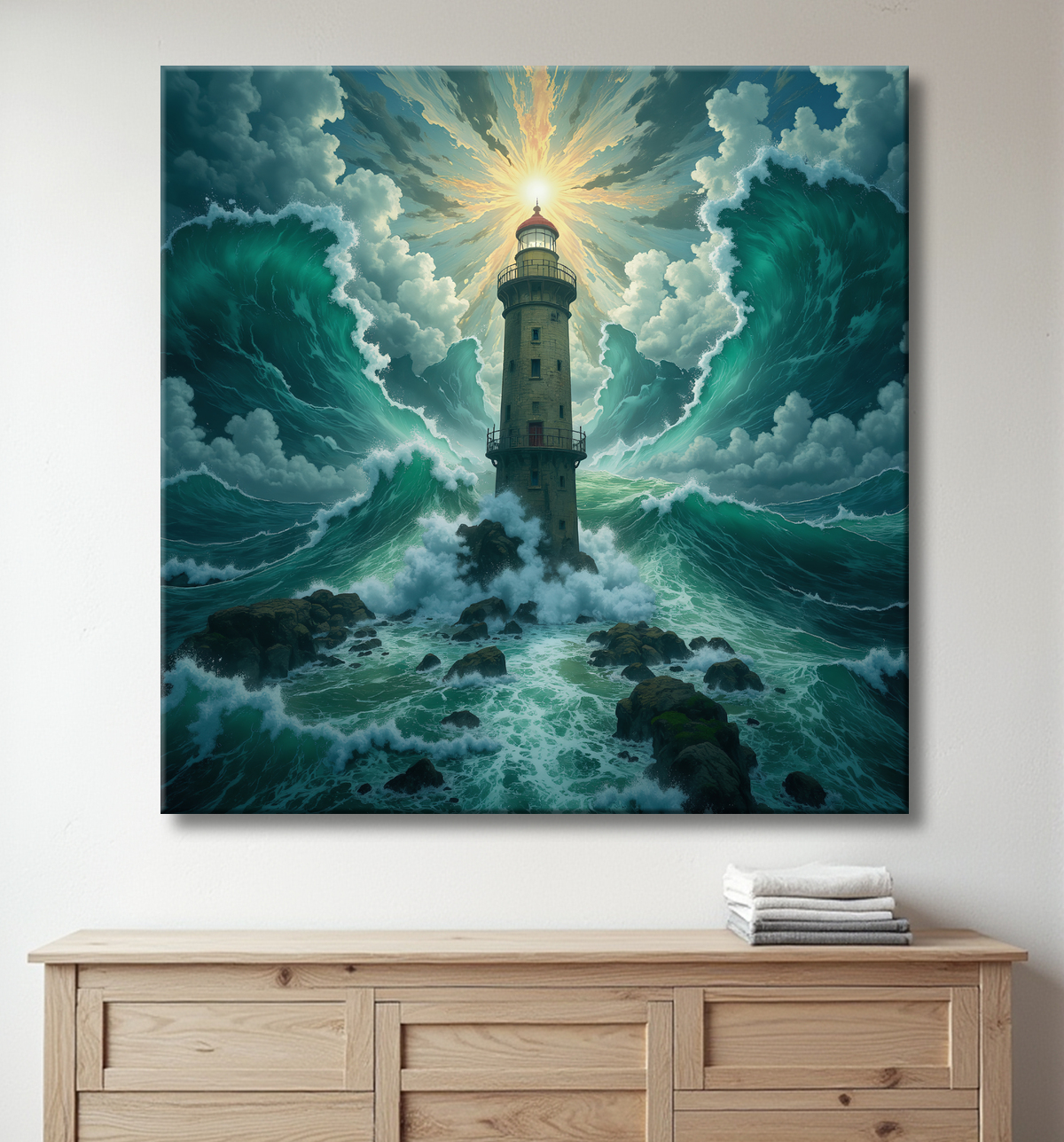 Tableau phare en tempête : illustration fantastique et impressionnante avec decor