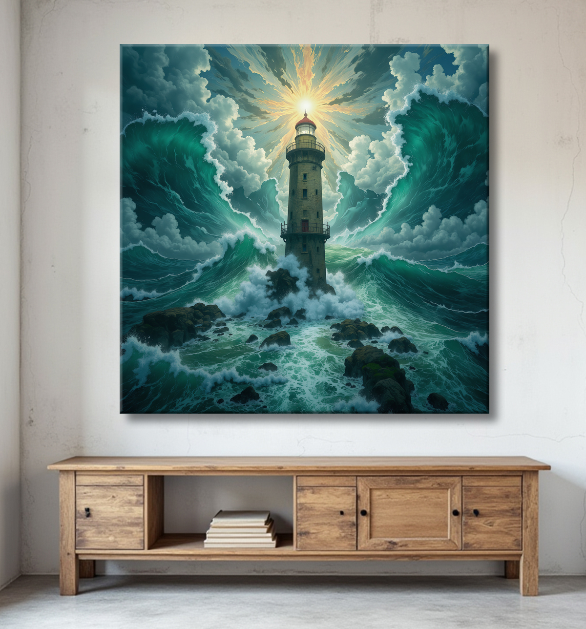 Tableau phare en tempête : illustration fantastique et impressionnante avec decor