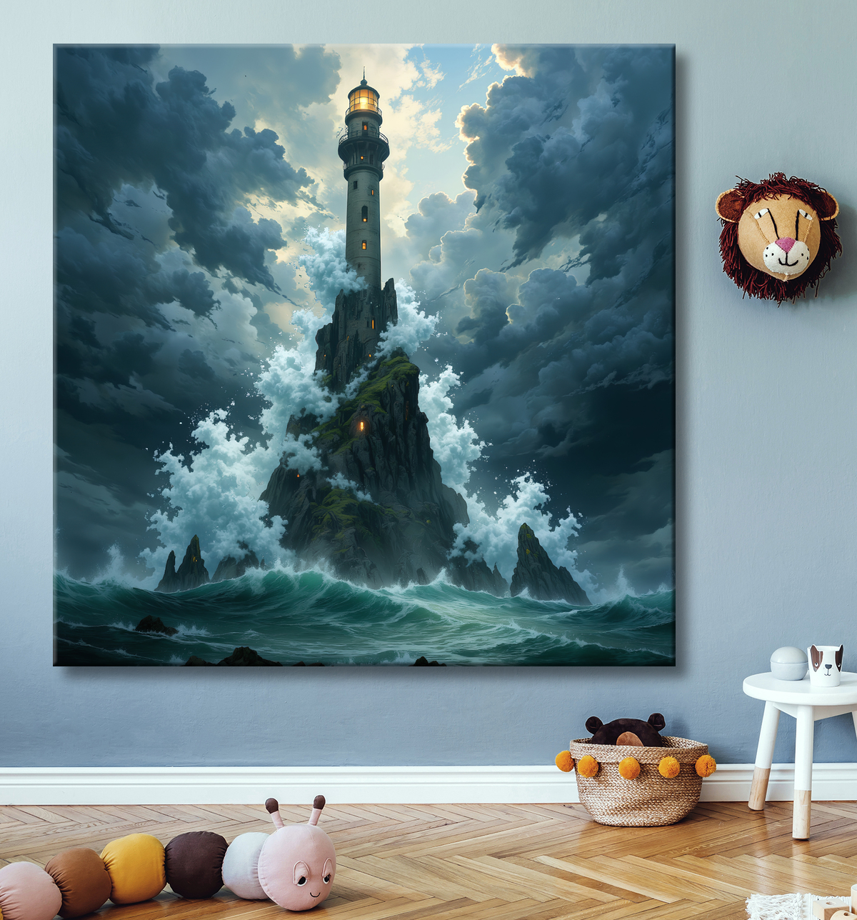 Tableau phare en tempête : illustration fantastique et impressionnante avec decor