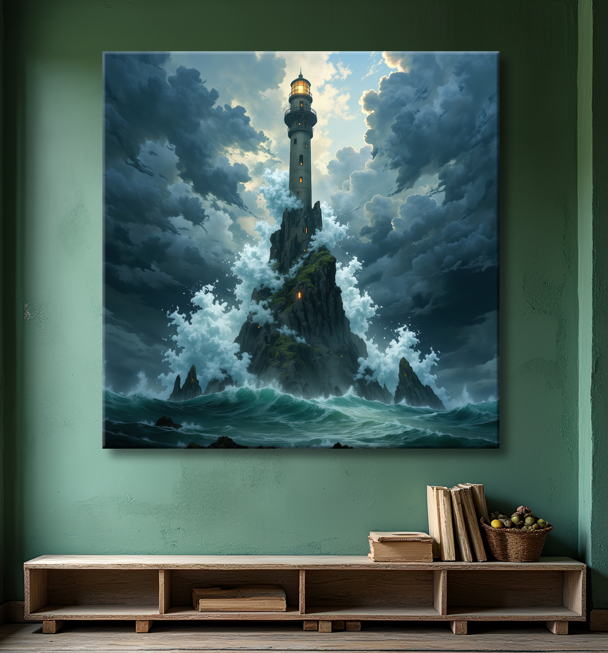 Tableau phare en tempête : illustration fantastique et impressionnante avec decor