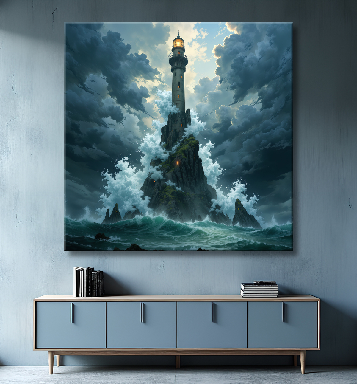 Tableau phare en tempête : illustration fantastique et impressionnante avec decor