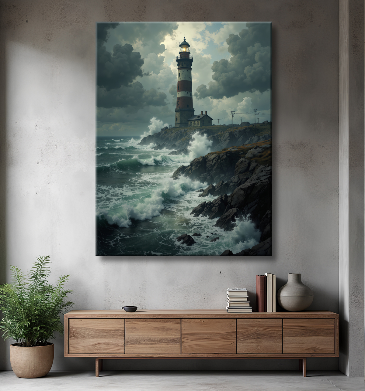 Tableau phare en tempête : illustration fantastique et impressionnante avec decor
