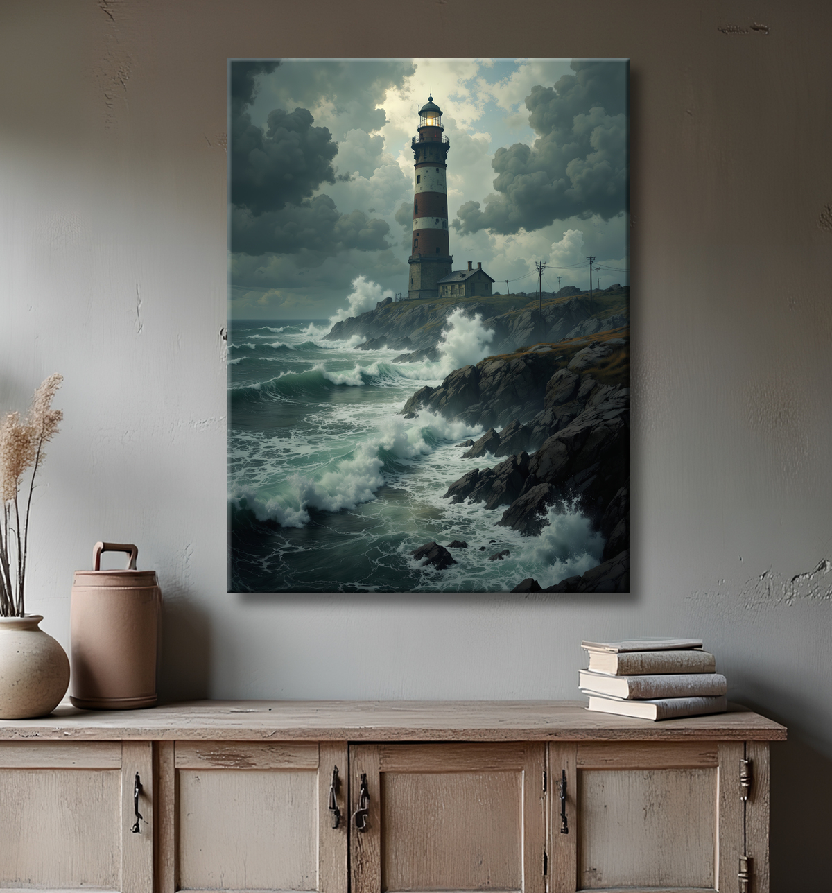 Tableau phare en tempête : illustration fantastique et impressionnante avec decor