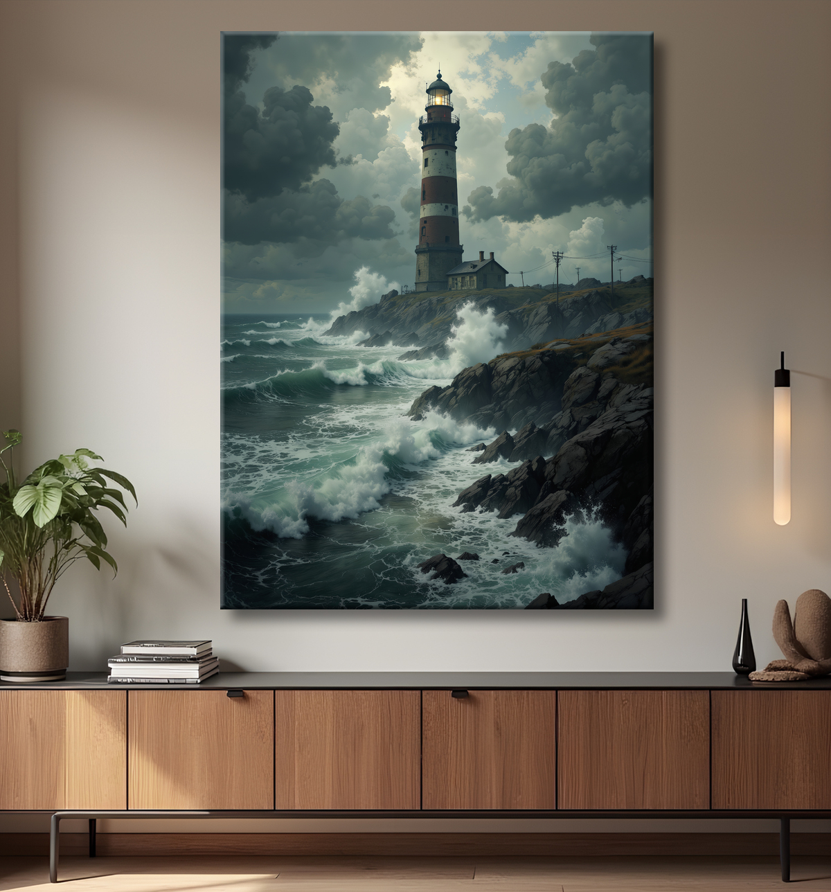 Tableau phare en tempête : illustration fantastique et impressionnante avec decor