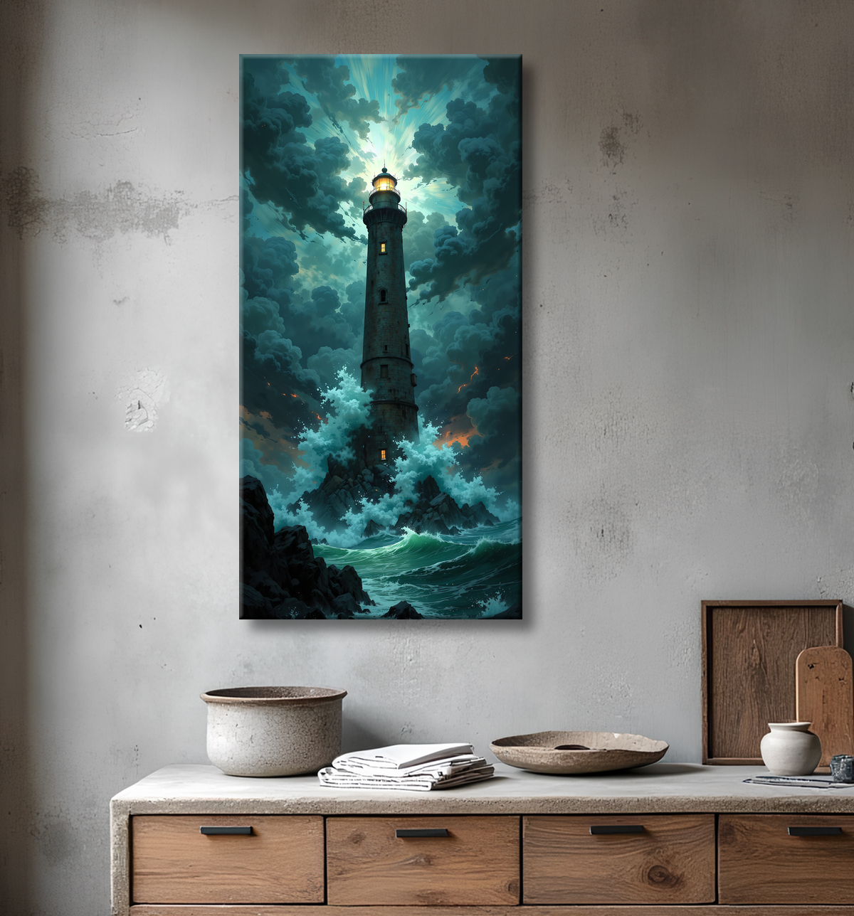 Tableau phare en tempête : illustration fantastique et impressionnante avec decor