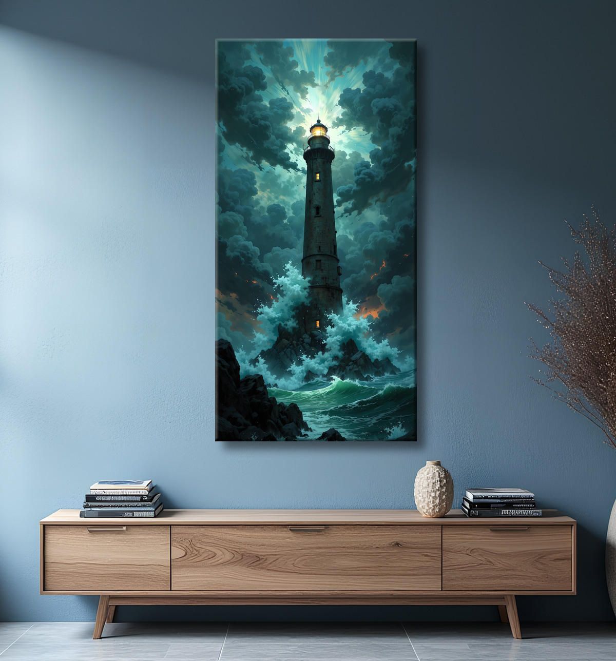 Tableau phare en tempête : illustration fantastique et impressionnante avec decor