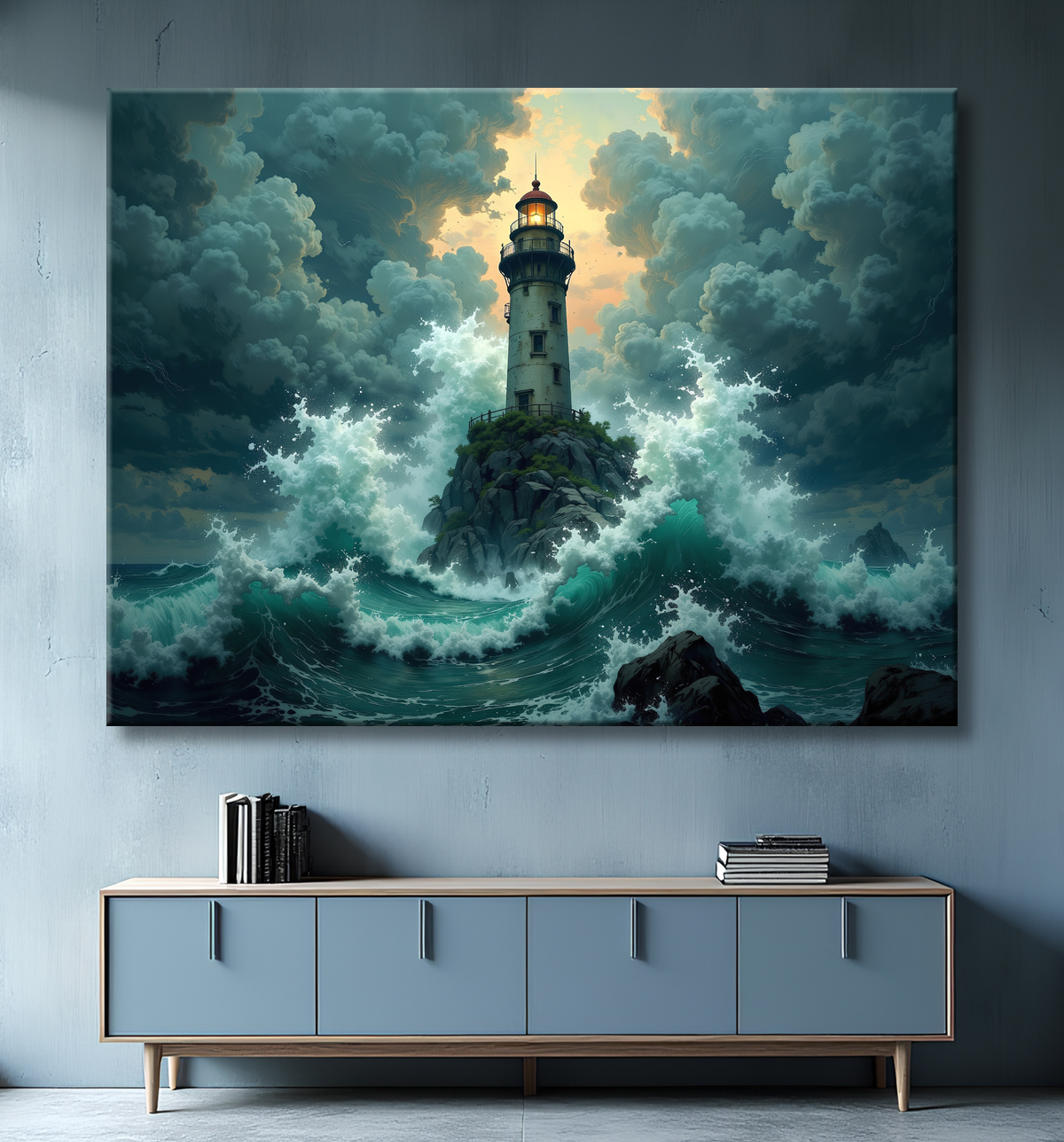 Tableau phare en tempête : illustration fantastique et impressionnante avec decor