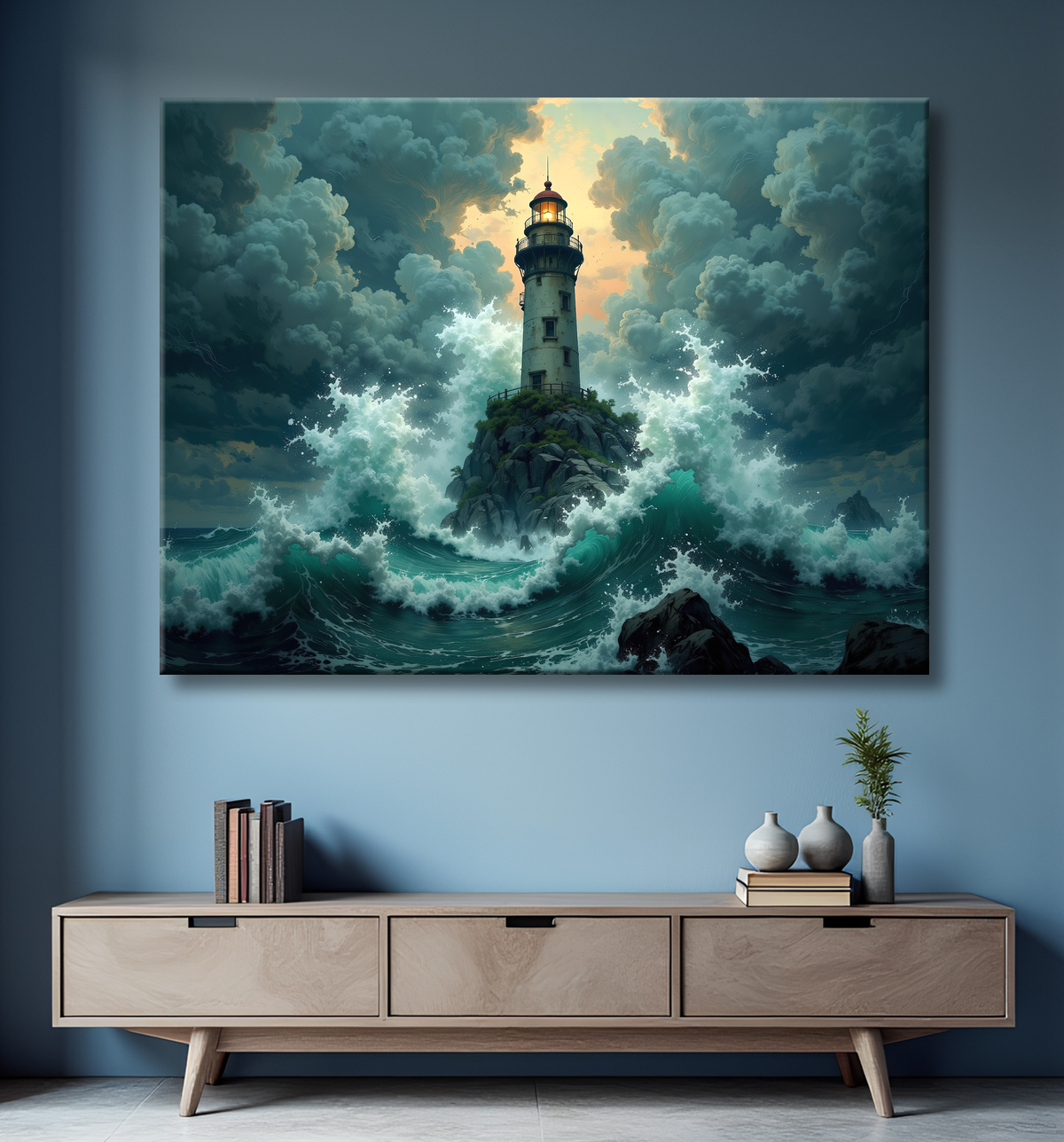 Tableau phare en tempête : illustration fantastique et impressionnante avec decor