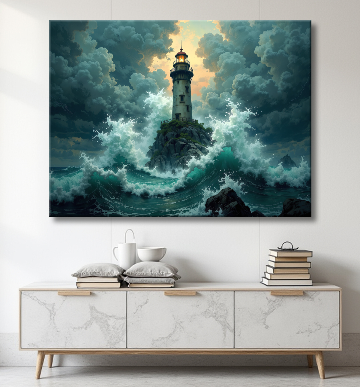 Tableau phare en tempête : illustration fantastique et impressionnante avec decor