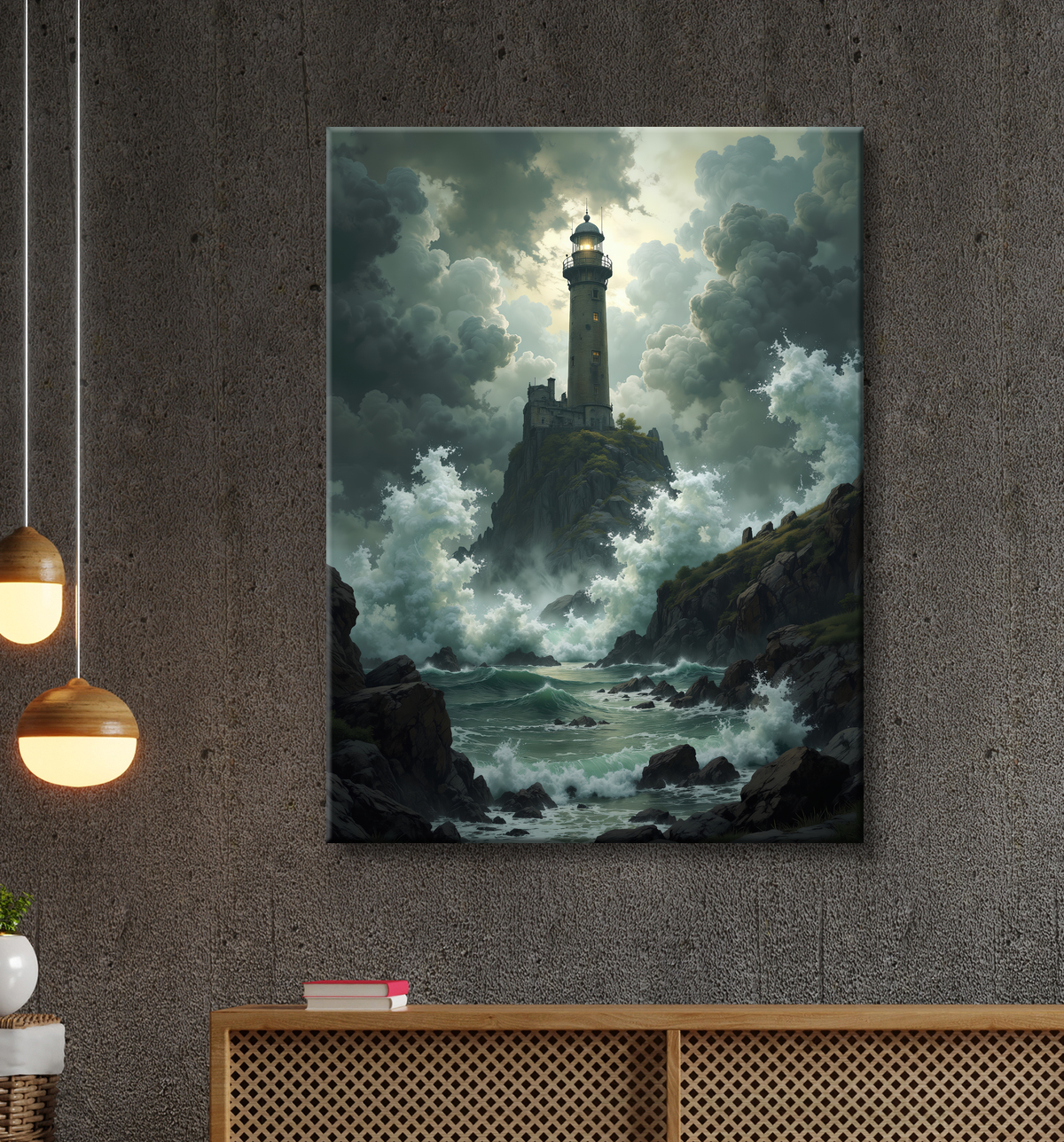 Tableau phare en tempête : illustration fantastique et impressionnante avec decor