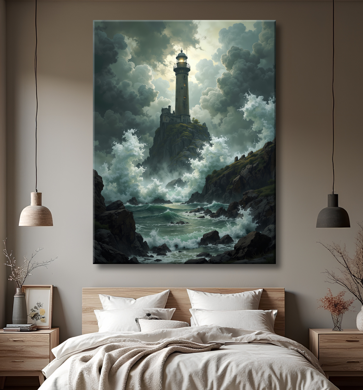 Tableau phare en tempête : illustration fantastique et impressionnante avec decor