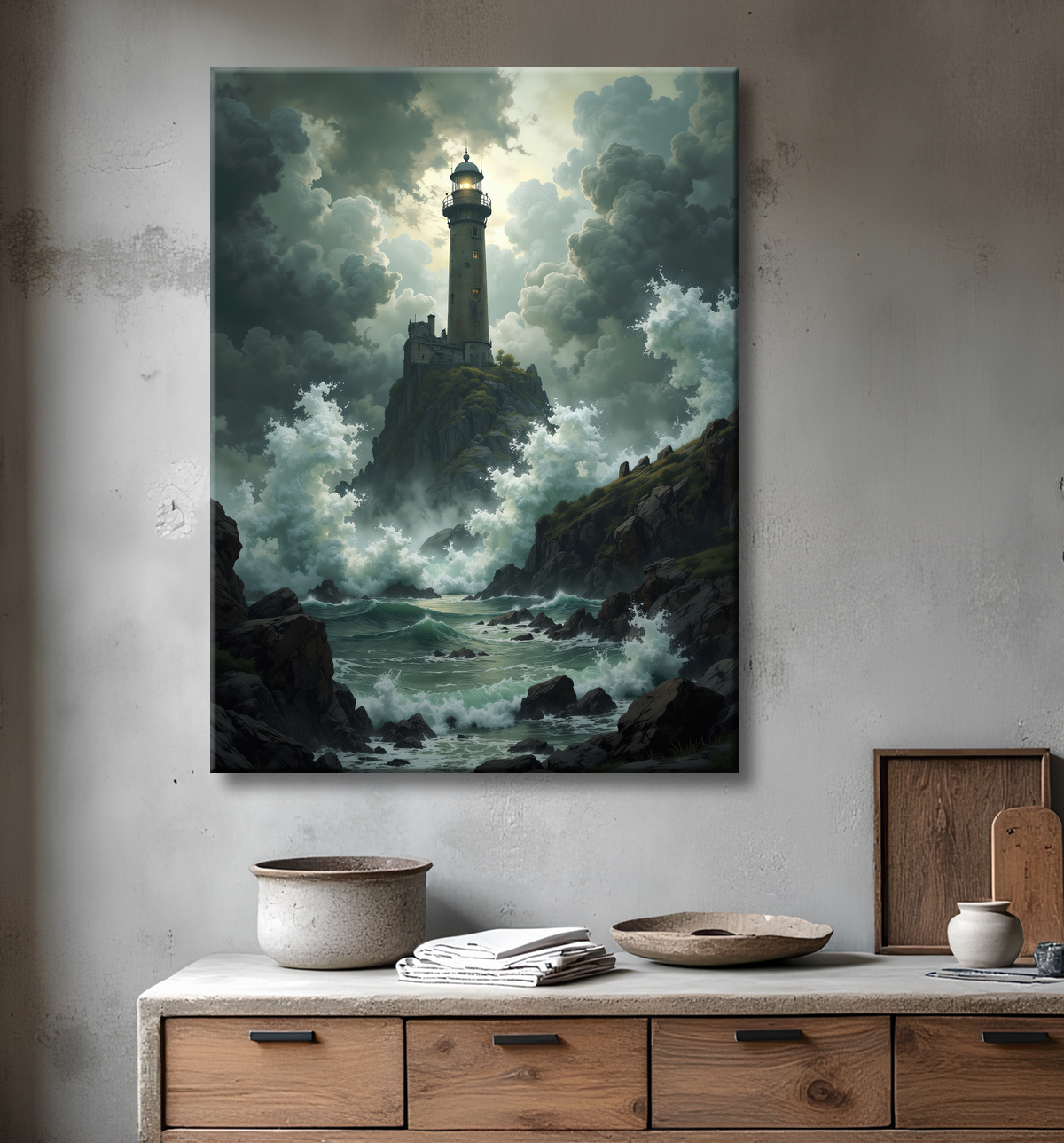 Tableau phare en tempête : illustration fantastique et impressionnante avec decor