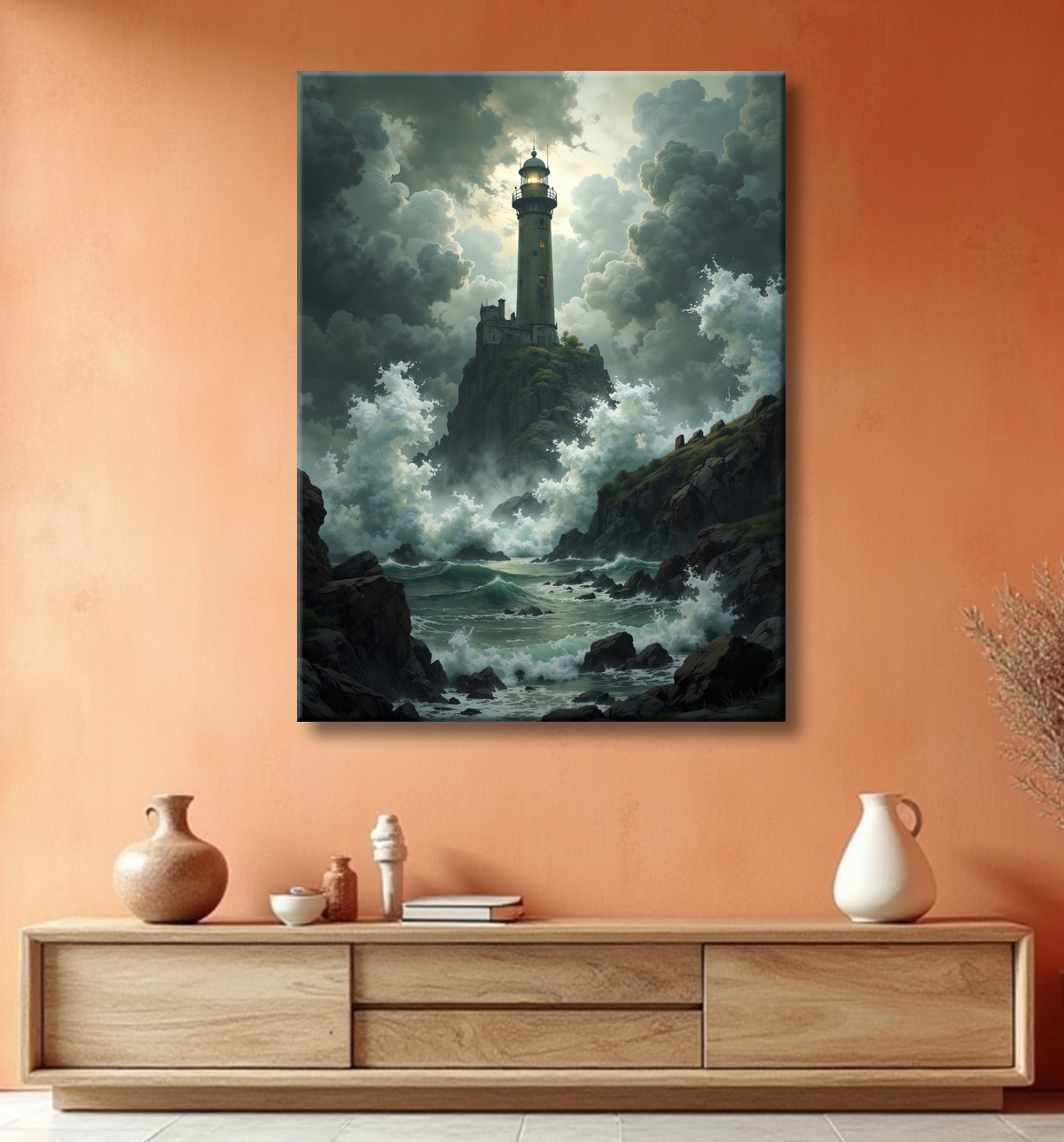 Tableau phare en tempête : illustration fantastique et impressionnante avec decor
