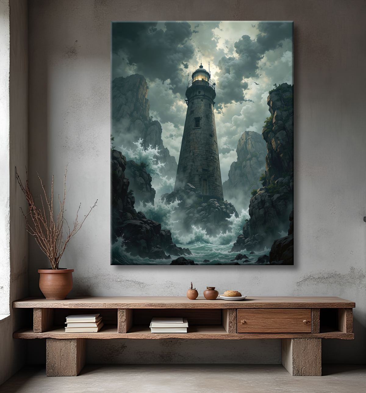 Tableau phare en tempête : illustration fantastique et impressionnante avec decor