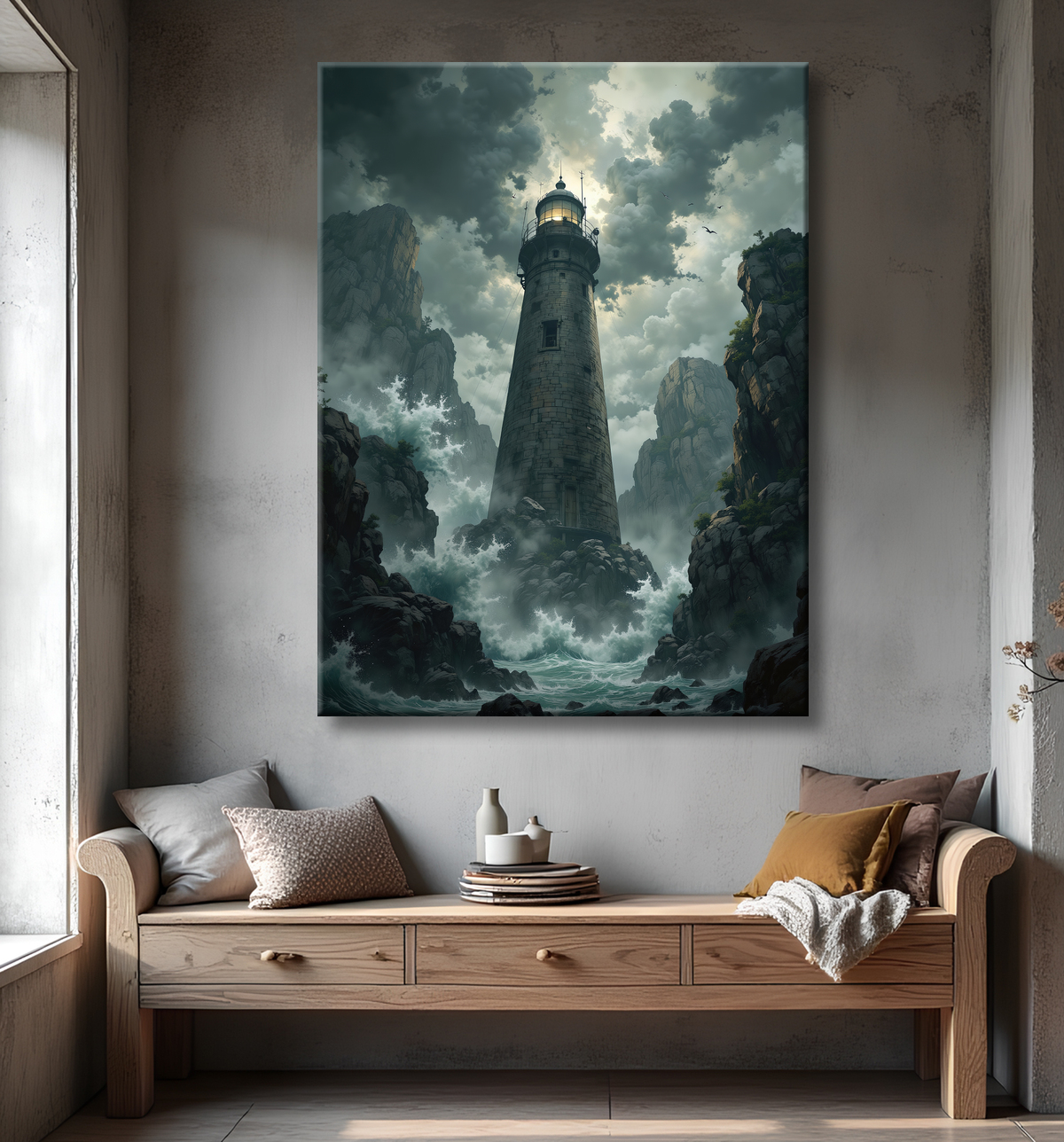 Tableau phare en tempête : illustration fantastique et impressionnante avec decor
