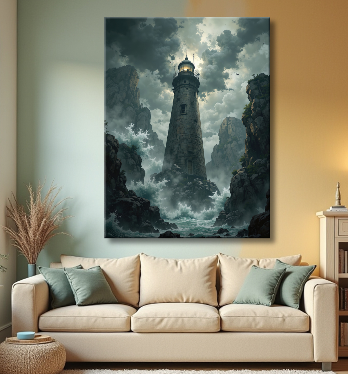 Tableau phare en tempête : illustration fantastique et impressionnante avec decor