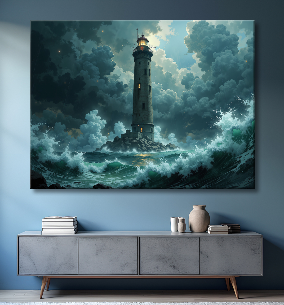 Tableau phare en tempête : illustration fantastique et impressionnante avec decor