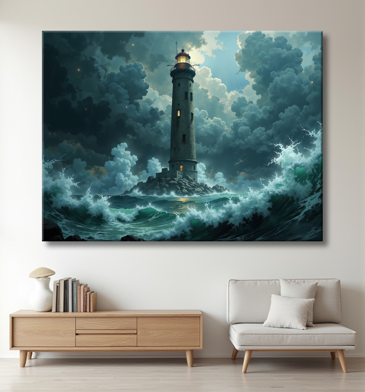 Tableau phare en tempête : illustration fantastique et impressionnante avec decor