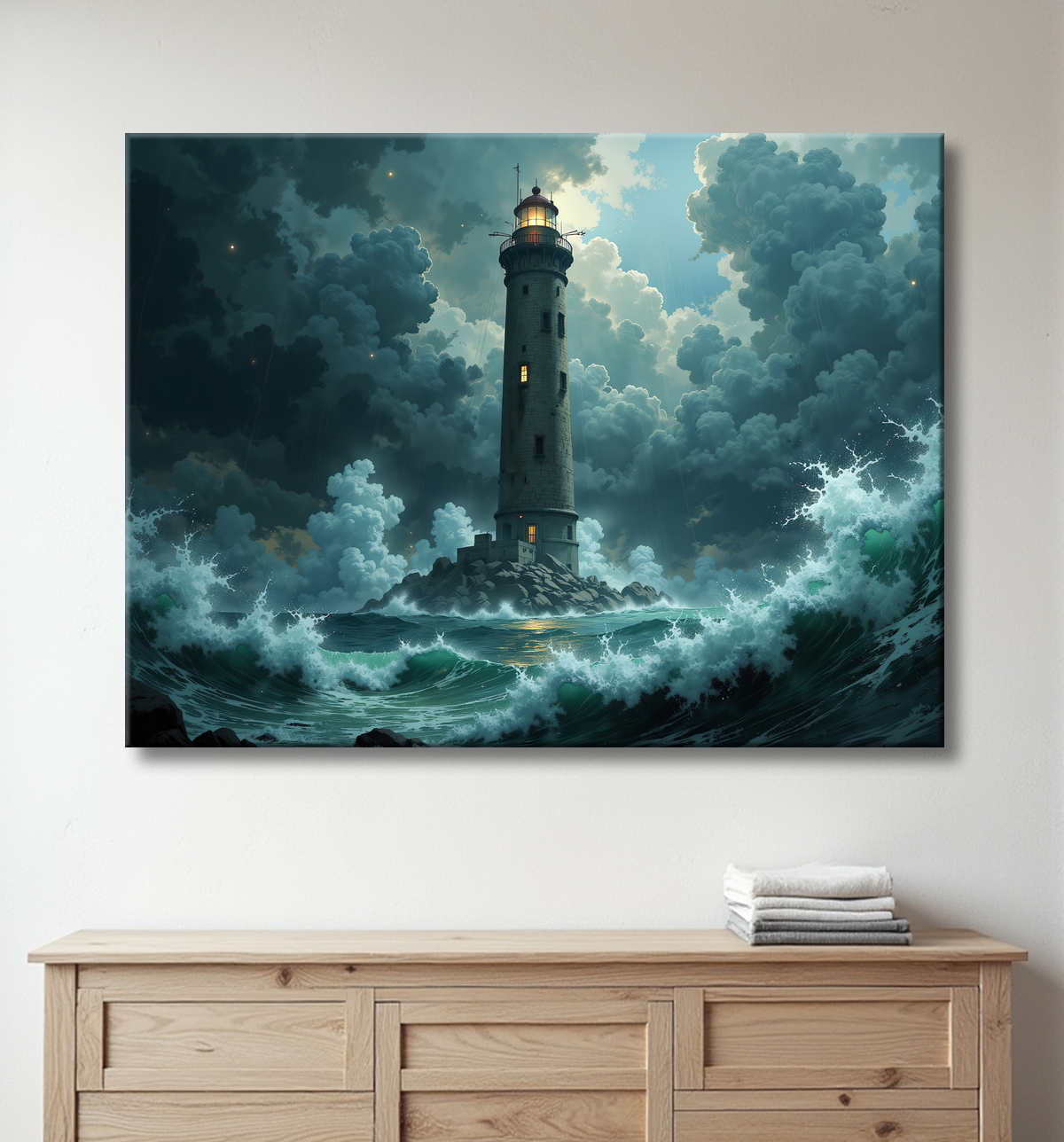 Tableau phare en tempête : illustration fantastique et impressionnante avec decor