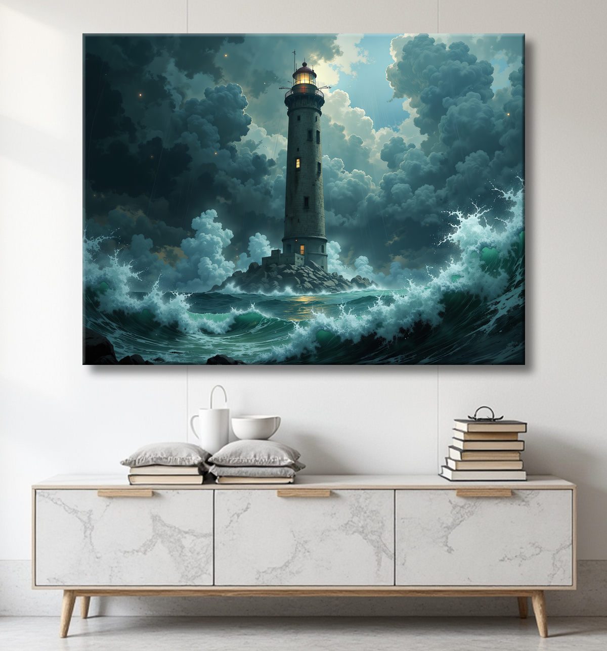 Tableau phare en tempête : illustration fantastique et impressionnante avec decor