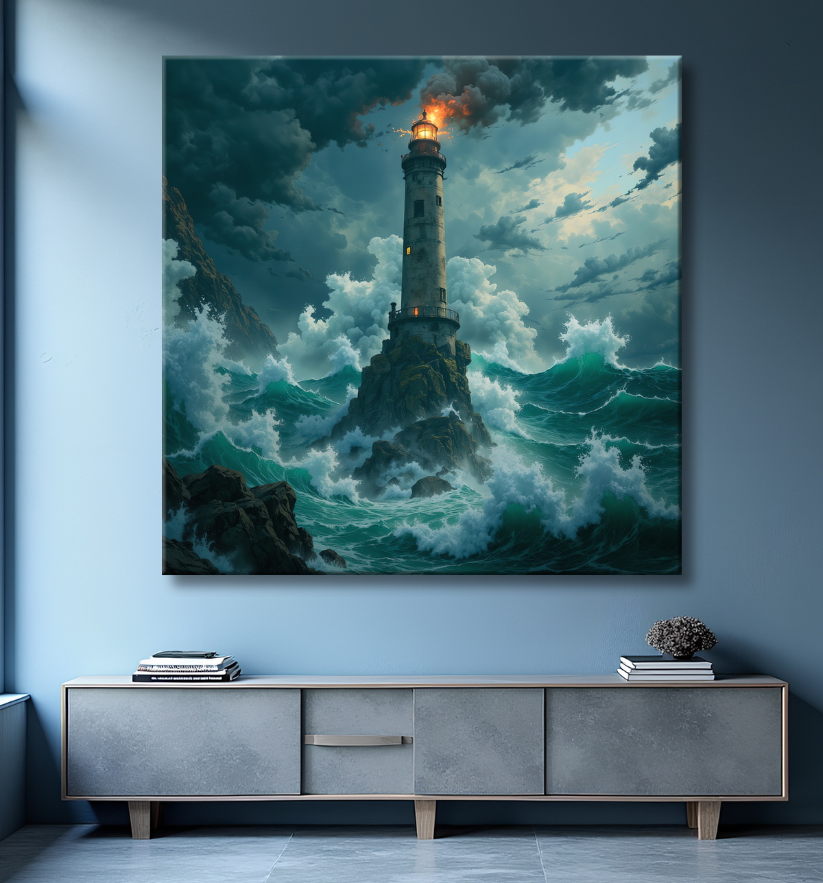 Tableau phare en tempête : illustration fantastique et impressionnante avec decor